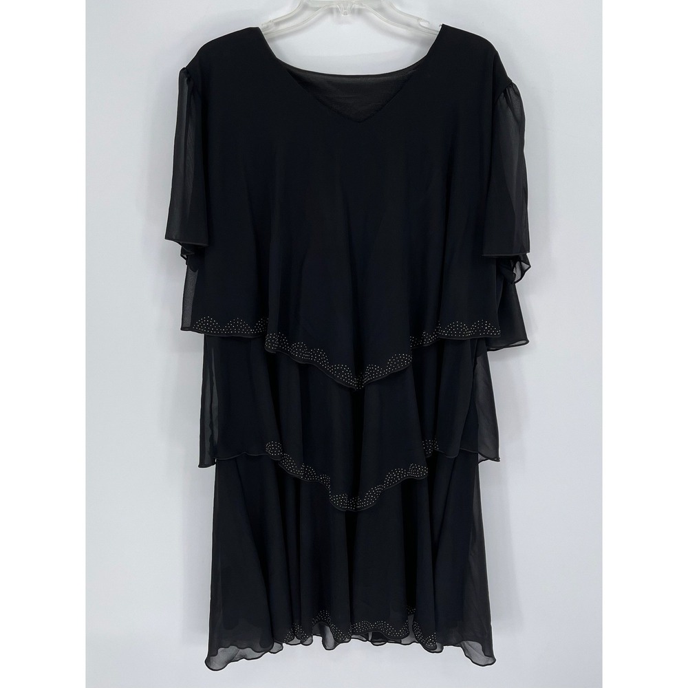 Vintage Women's Black Chiffon Tiered Micro-Stud Overlay Dress Size‎ 2XL